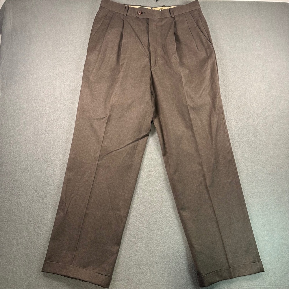 Tom James Filo A Mano Brown Wool Pleated Cuffed Dress Pants Mens 32x32 Tailored